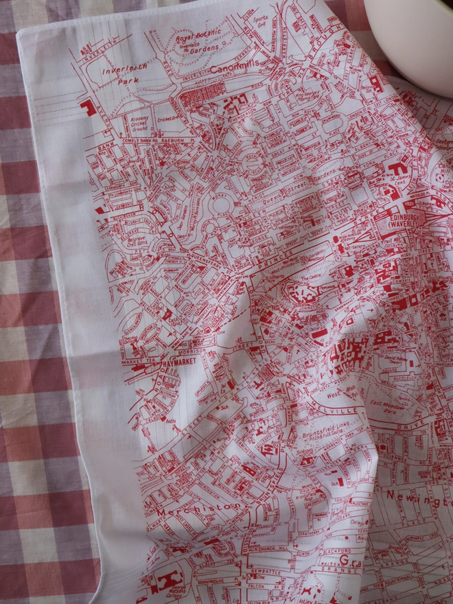 A lifestyle photo of a Mr.PS Edinburgh Map hankie printed in red with a plant pot on a gingham tablecloth.
