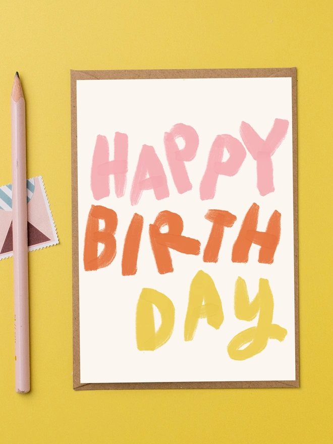 bright bold birthday card featuring the words Happy birth day in pink, orange and yellow 