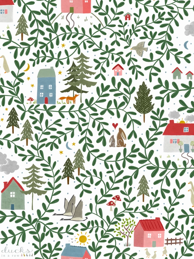English Country Cottages wallpaper design featuring cottages, animals and foliage