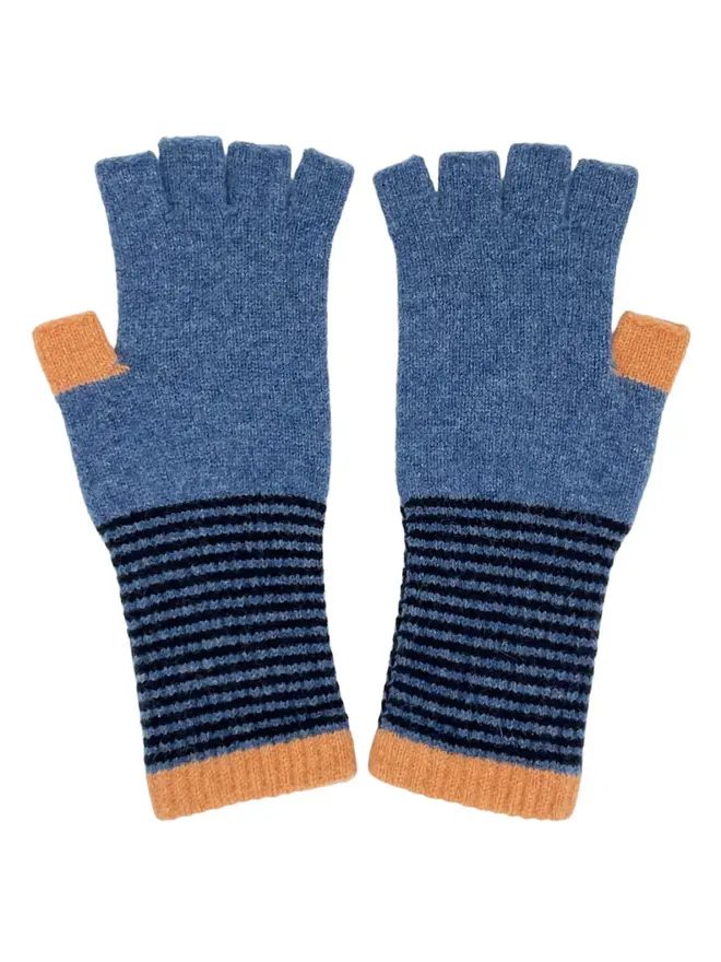 Women's Lambswool Fingerless Gloves, a pair of colourful fingerless gloves sitting on a plain white surface. 