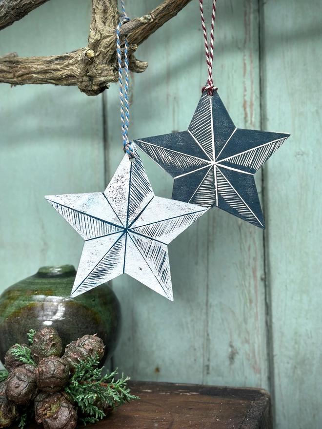 Nordic Christmas Star Wooden Decoration Hand Printed Linocut