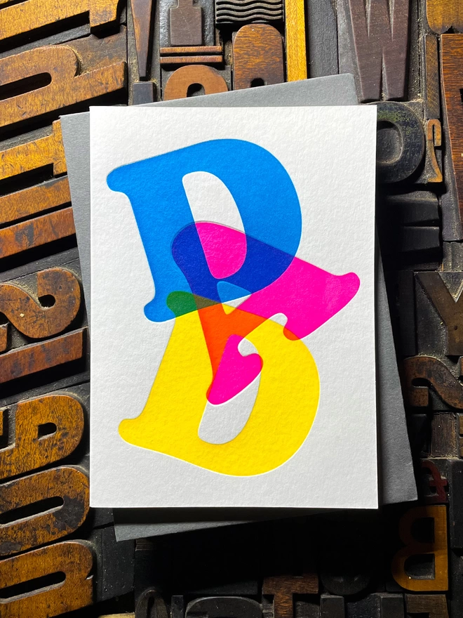 Fathers day typographic letterpress card with fluorescent ink. Deep impression print. Unique with no print being the same. Vibrant colours with matching premium envelopes. With luxurious contrasting coloured envelopes.