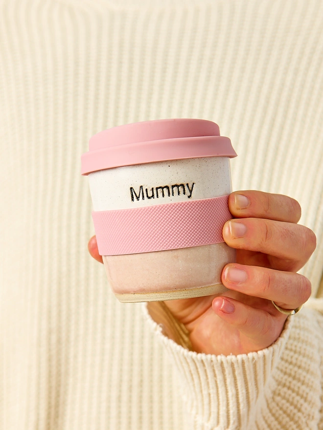 mummy personalised short ceramic pink travel mug