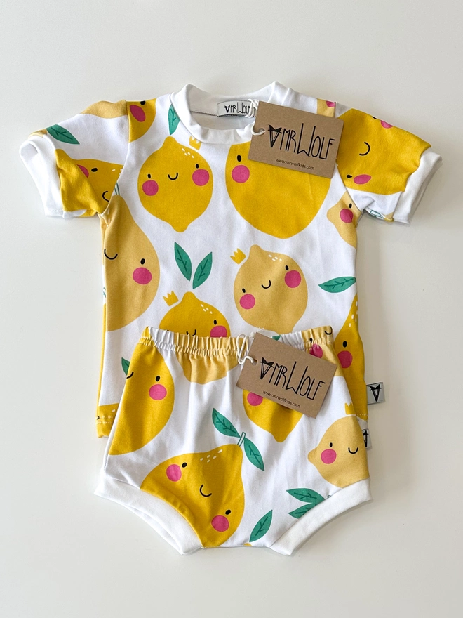 smiley lemons print leggings, t-shirt, shorties for babies, toddlers, kids