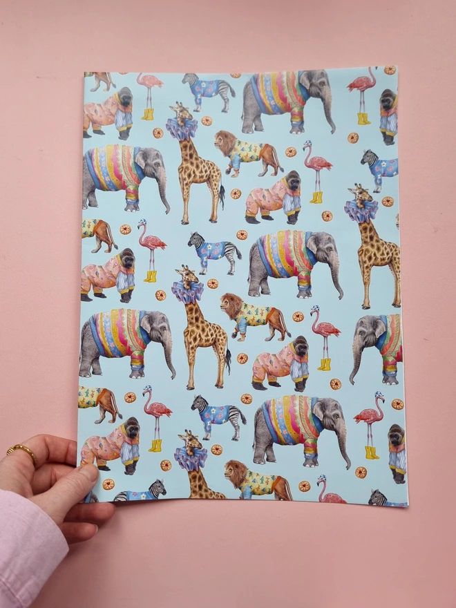 Animals wearing sweaters wrapping paper