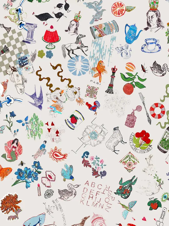 bits and bobs illustrated wallpaper. a white background wallpaper with assorted illustrations of household items.