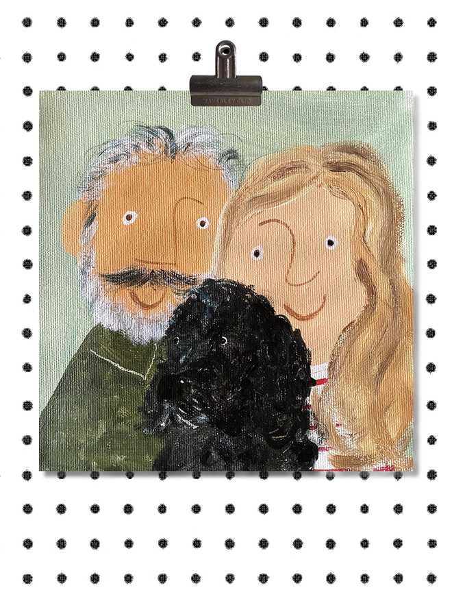 painted portrait of husband and wife with black dog