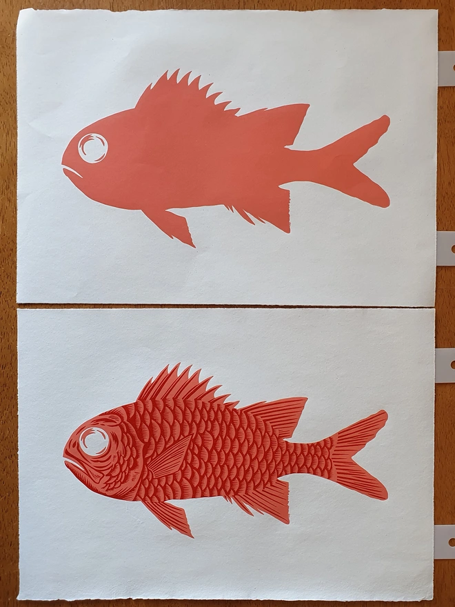 Soldierfish linocut print process showing two stages of colour