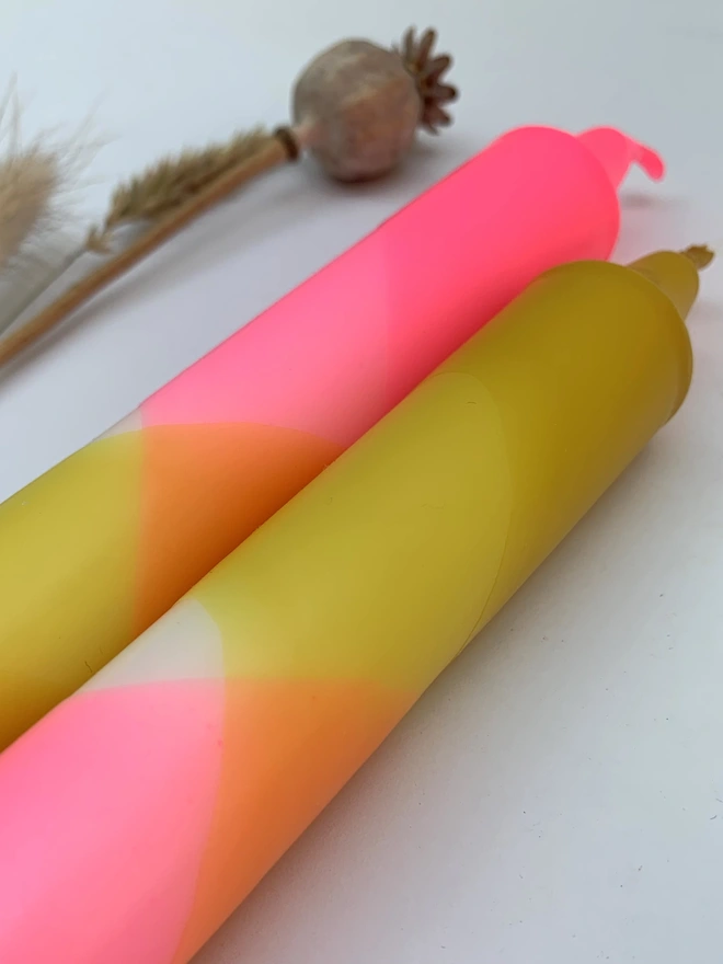 Neon Pink & Mustard Yellow Dinner Candles (Set Of 2)