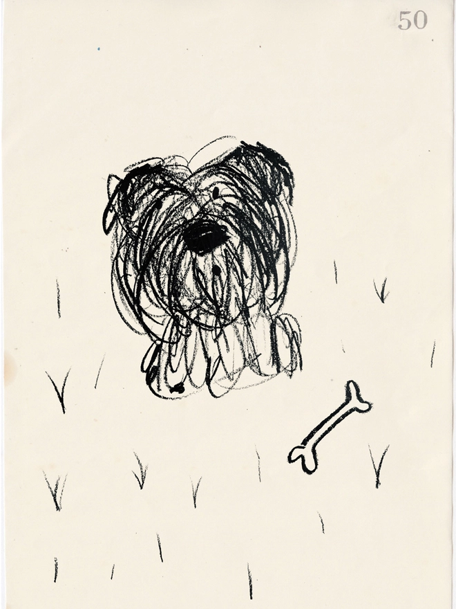 drawing of shaggy dog with bone in black and white