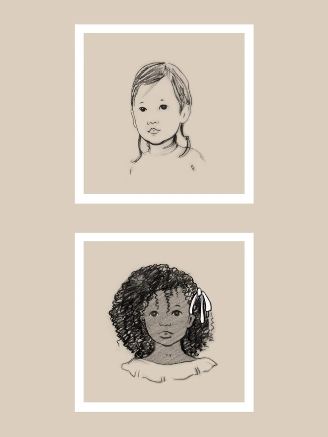 2 examples of hand drawn personalised portraits of children an asian girl and a black girl