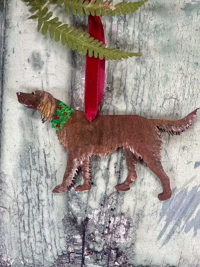 Irish Setter Hand- Painted Christmas Decoration with red velvet ribbon to hang 