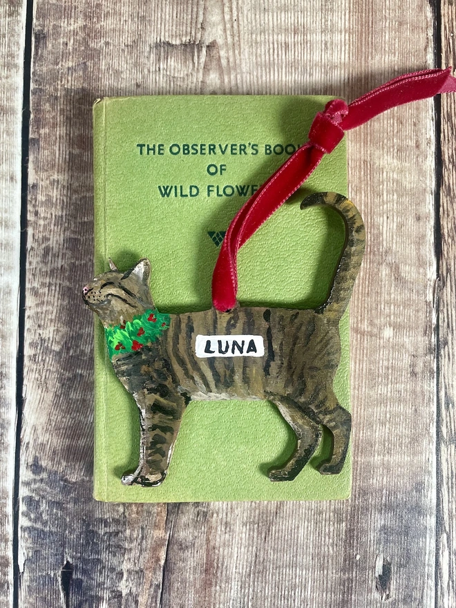 Tabby Cat Hand- painted wooden portrait Christmas decoration