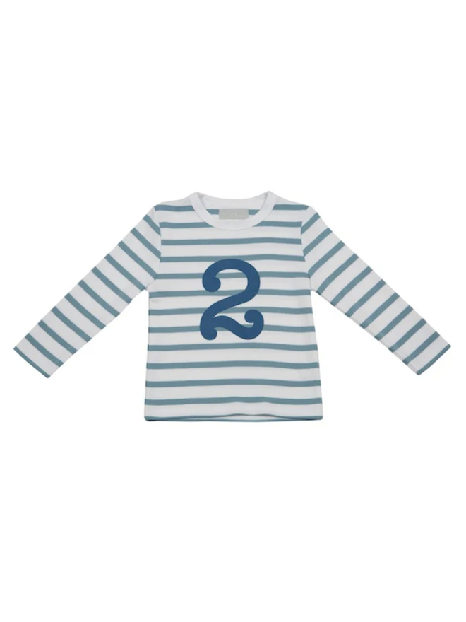 Ocean Blue & White Breton Striped Number 2 T Shirt