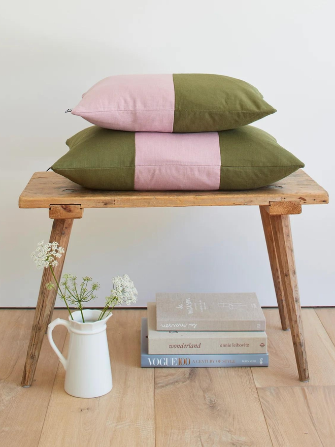 Colour Block Linen Cushion – Dusky/Jungle