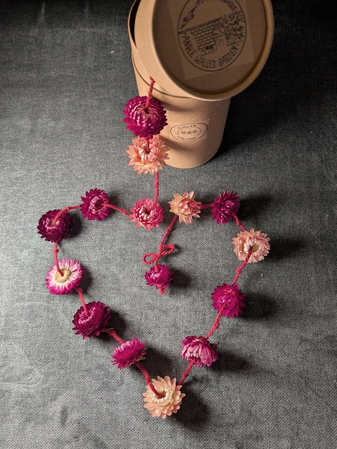 Garland of pink flowers on red cord tumbling out a simple card tube box