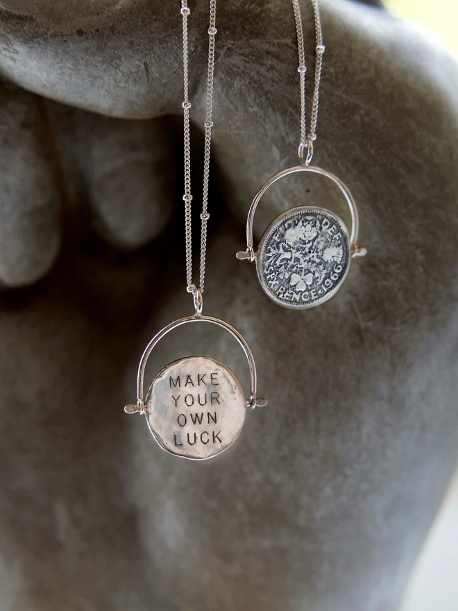 The lucky British sixpence coin is traditionally given as a symbol of love, luck and prosperity. This necklace is a nod to tradition with a cheeky twist, the solid sterling silver penny spins round and on the reverse is engraved 'make your own luck'. A perfect gift for those who are about to embark on a new chapter of life, or a new adventure! I'm a firm believer that we make our own luck, that we get out what we put in... but lets be honest, a little extra help wouldn't hurt, right?! Wear it, gift it, or bribe the universe with it! Made by Celina C Jewellery, a small business in the UK, find on Holly and Co.