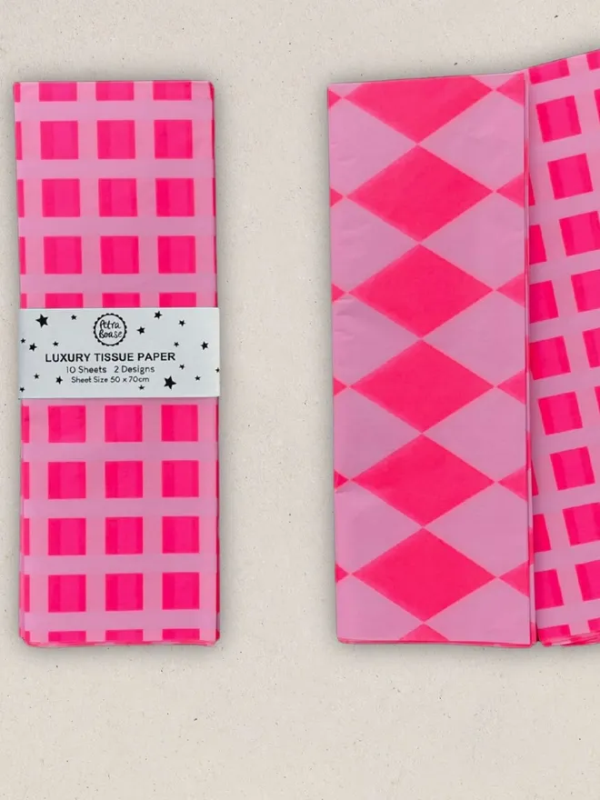 flouro pink and lilac luxury pattern tissue paper bundle in grid and harlequin design