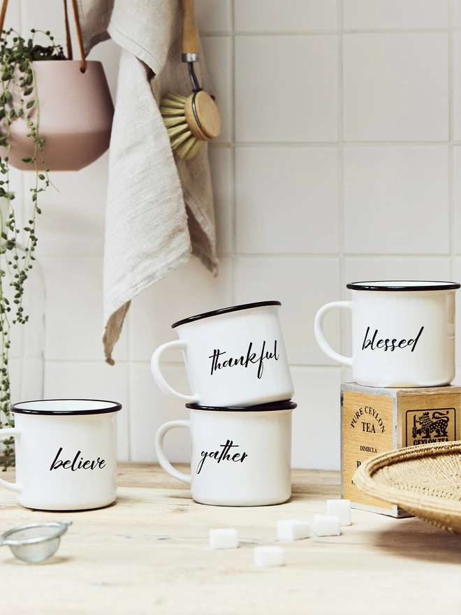Set of country farmhouse style ceramic mugs - believe, thankful, gather and blessed