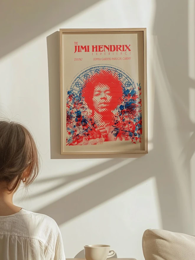 'Jimi Hendrix' Handmade Risograph Gig Poster, hanging on a white wall. 