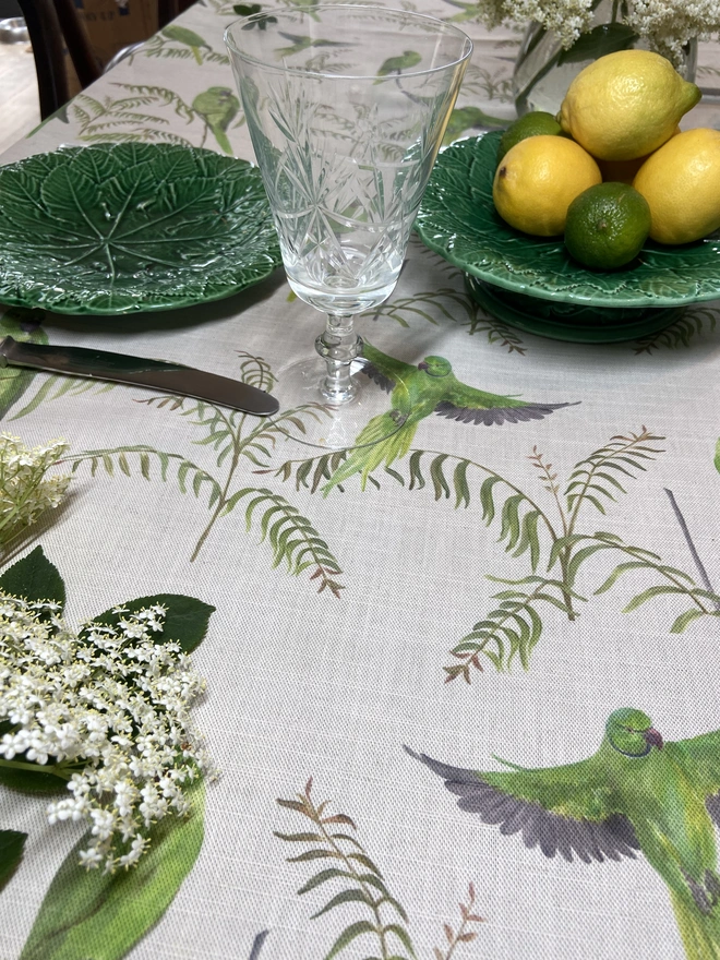Bird tablecloth printed onto undyed linen
