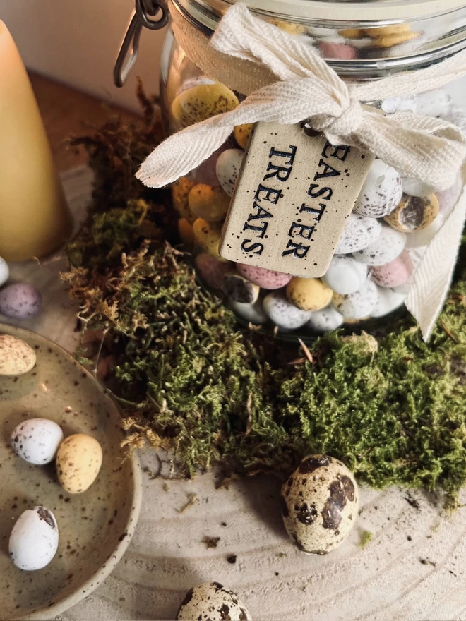 Easter treats tag tied around a jar of mini eggs