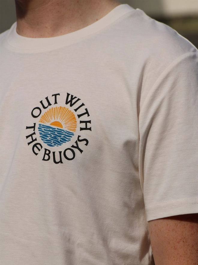 Male wearing a linocut tshirt 