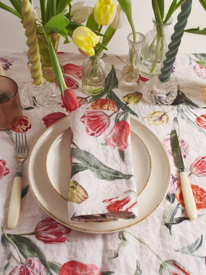 Tulip printed linen tablecloth