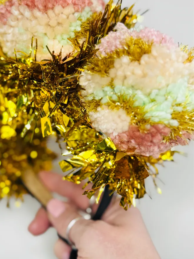 Pom Pom headband tinsel headband pink headband Pom Pom festival headband party headband gold tinsel headband 