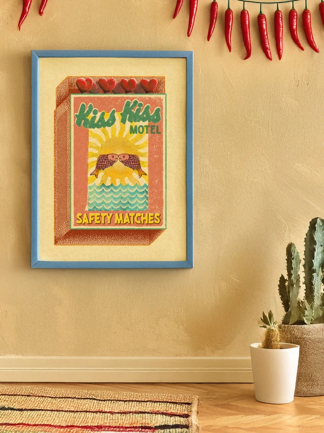 Style & Vibe Retro Romantic: A playful nod to 1950s motel culture and coastal honeymoon spots.  Textural Depth: The "Safety Matches" aesthetic includes a grainy, weathered finish that makes the print look like a genuine antique find.  Warm Palette: Soft creams, dusty pinks, and deep ocean blues create a nostalgic, inviting atmosphere.