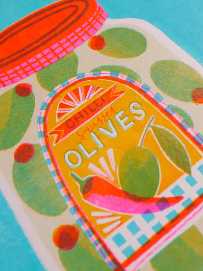 Chilli Stuffed Olives In A Jar Risograph Print
