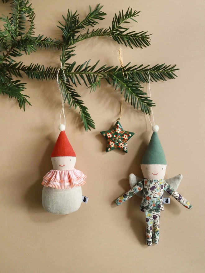 Handmade fariy christmas tree ornament with green or red linen hat, Liberty print outfit and linen wings.