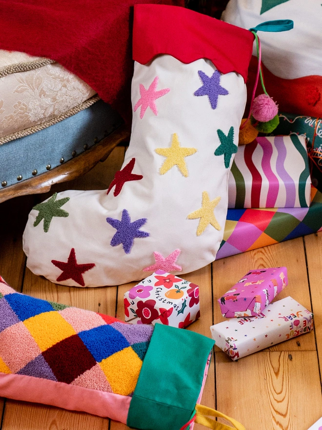 Colourful Tufted Stars Christmas Stocking | Raspberry Blossom