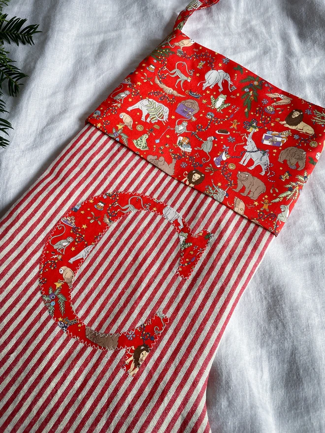 Red Stiped Linen stocking with liberty print cuff and letter