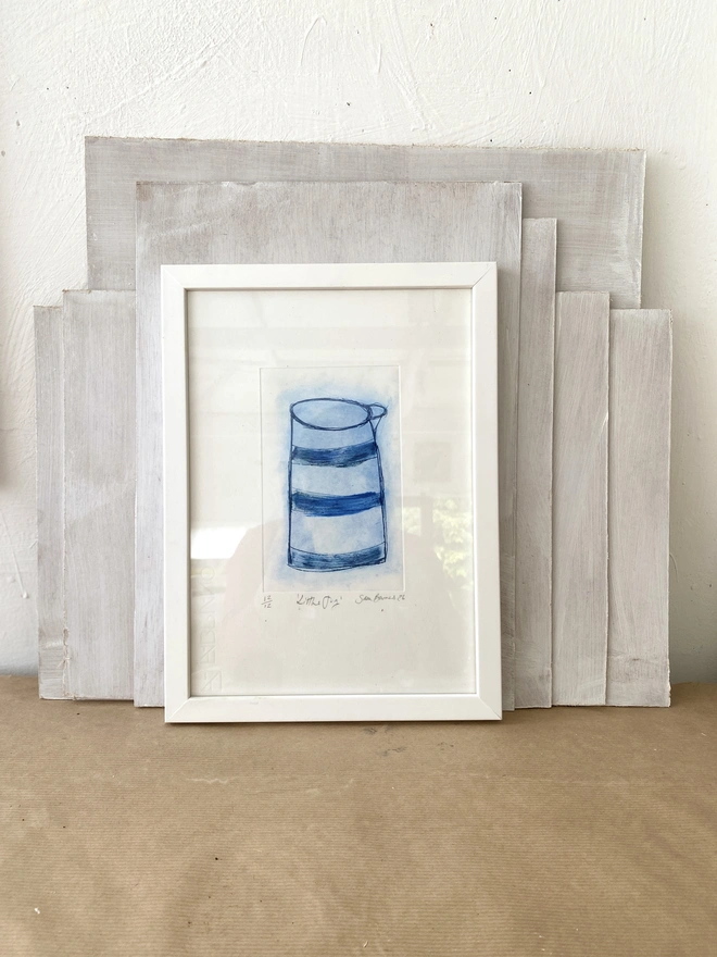 Drawing of a little blue jug, drypoint printmaking by Samantha Barnes