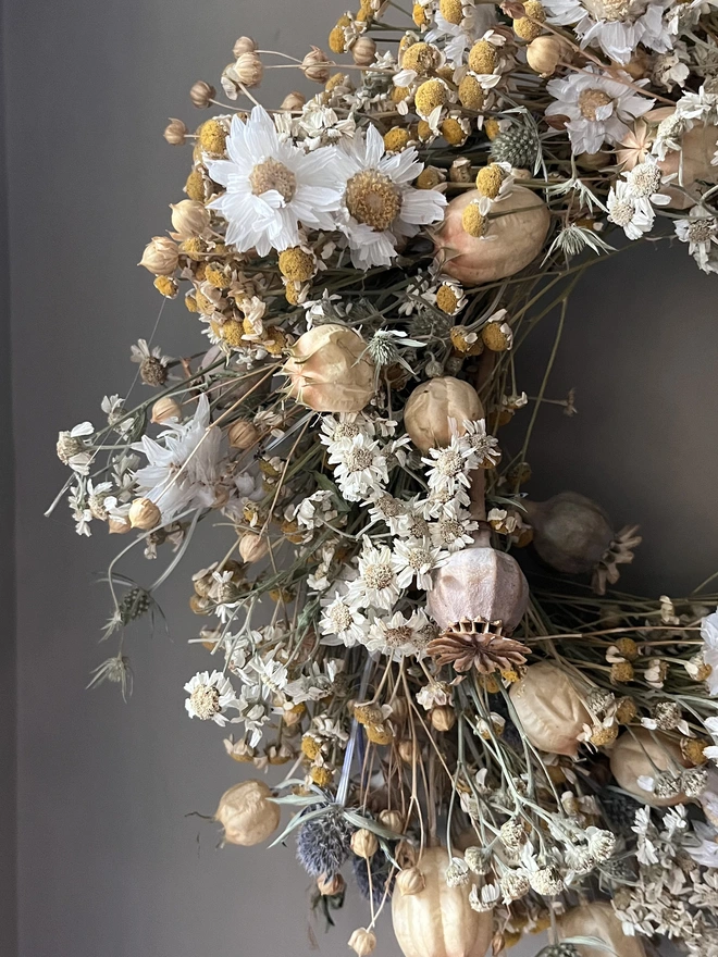 Autumnal Wreath. A wreath made of dried autumnal flowers, hung on a wall.
