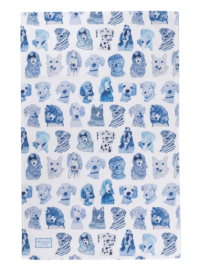 close up of blue dogs 100% organic cotton charity tea towel illustrated with blue sketched dogs