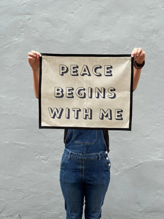 peace begins with me mantra on linen hanging banner by modo