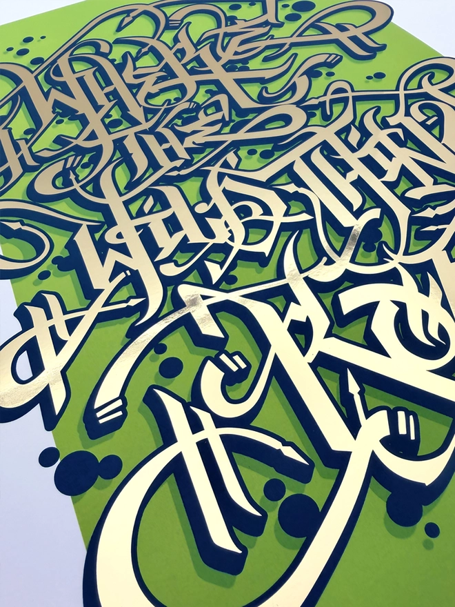 Green Graffiti Alphabet Metallic Gold Foil Print, against a white background. 