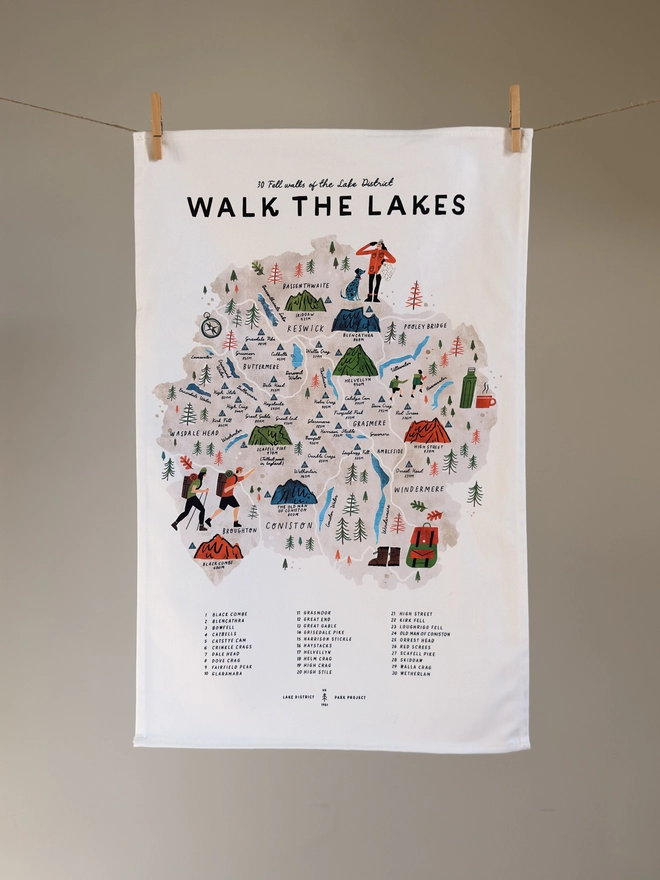 Walk the Lakes Map Tea Towel 