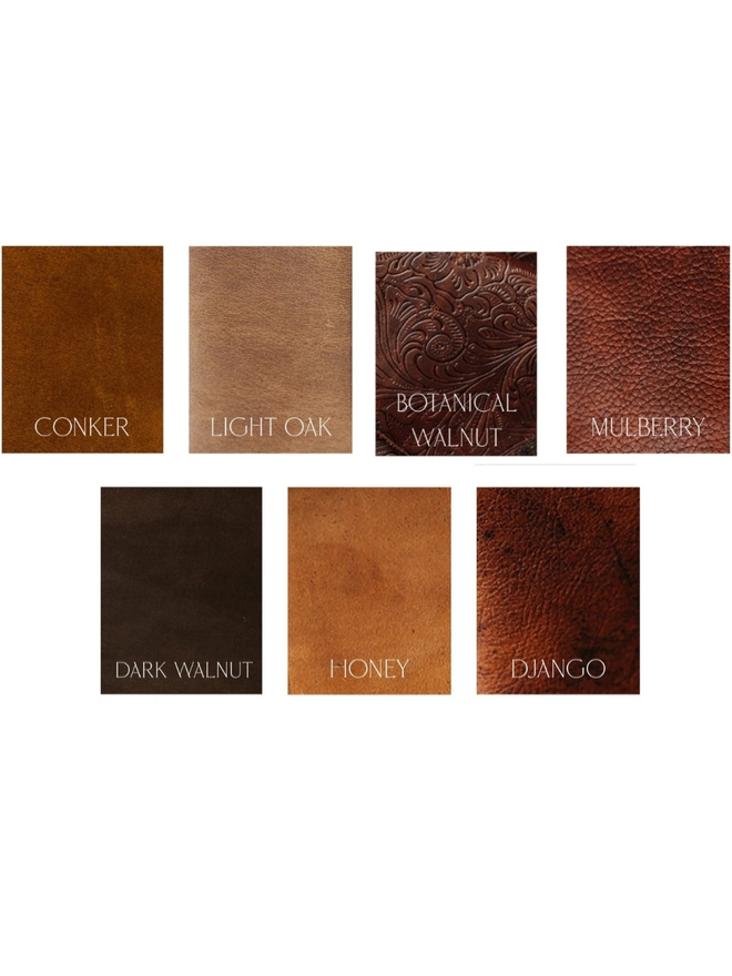 leather bullet journal. a grid showing leather colour options.