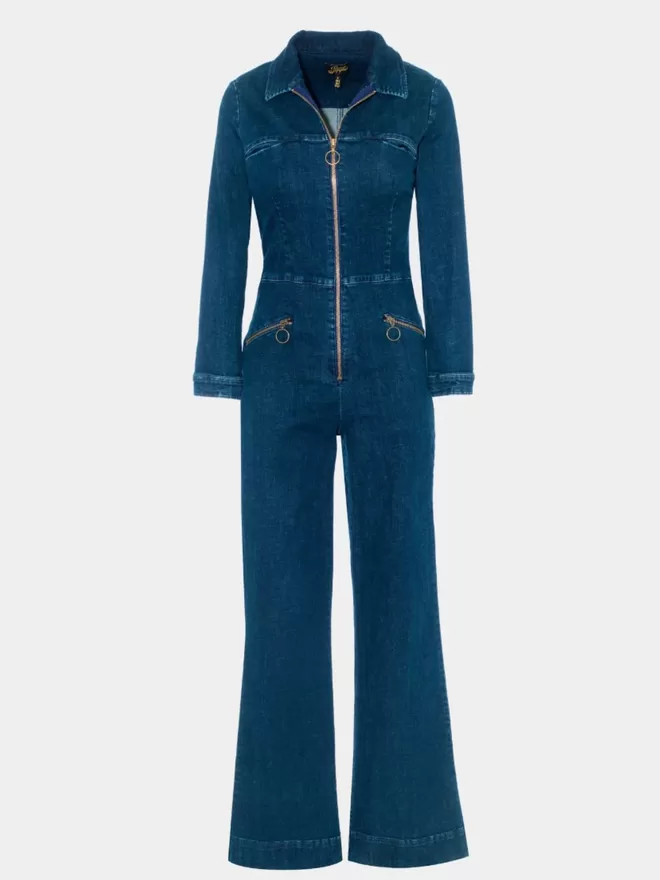 full front view of ruby denim jumpsuit with long sleeves