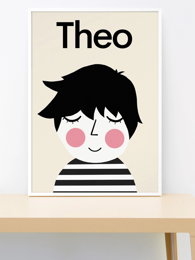 Illustrated personalised portrait of a child with black spiky hair and striped top