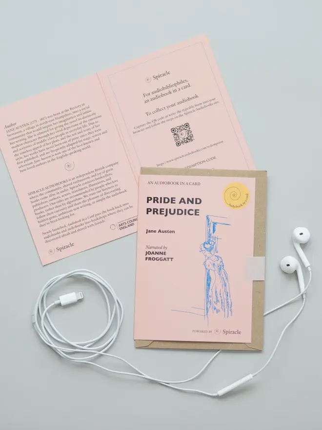 Pride And Prejudice Choose Your Own Audiobook In A Card, on a table. 