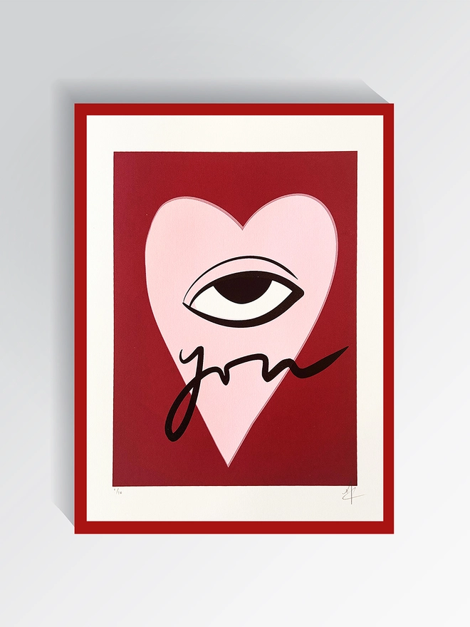 I Love you Screen Print by Hannah Carvell, in red Frame