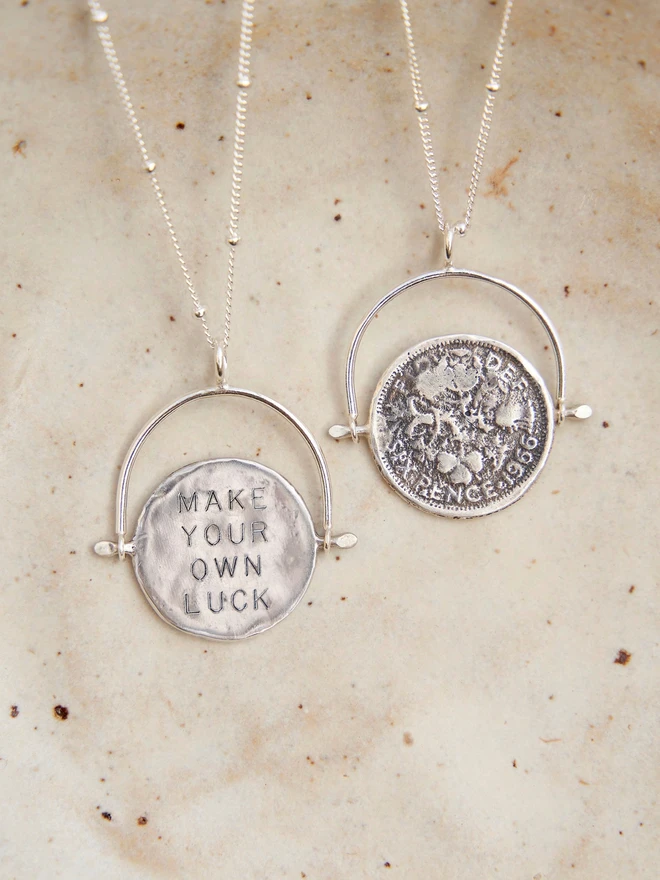 The lucky British sixpence coin is traditionally given as a symbol of love, luck and prosperity. This necklace is a nod to tradition with a cheeky twist, the solid sterling silver penny spins round and on the reverse is engraved 'make your own luck'. A perfect gift for those who are about to embark on a new chapter of life, or a new adventure! I'm a firm believer that we make our own luck, that we get out what we put in... but lets be honest, a little extra help wouldn't hurt, right?! Wear it, gift it, or bribe the universe with it! Made by Celina C Jewellery, a small business in the UK, find on Holly and Co.