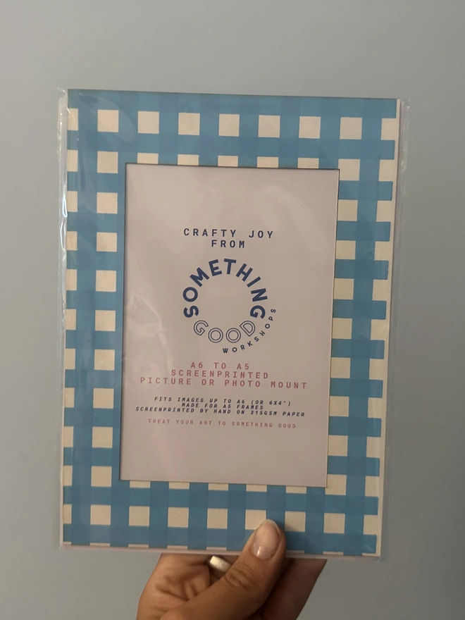 Gingham Screen Printed A5 / A4 Photo Mount. blue gingham mount held against grey background.