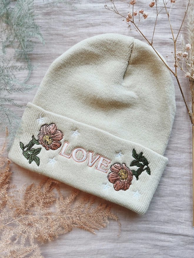 Love embroidered cream beanie