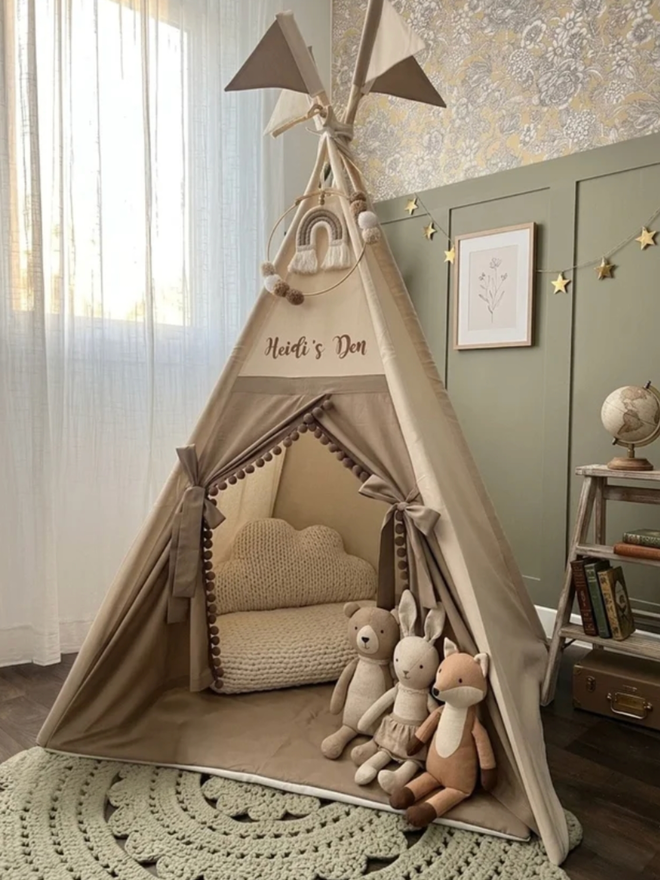 Personalised Canvas and Chocolate Brown Kids’ Teepee. A canvas and brown teepee.