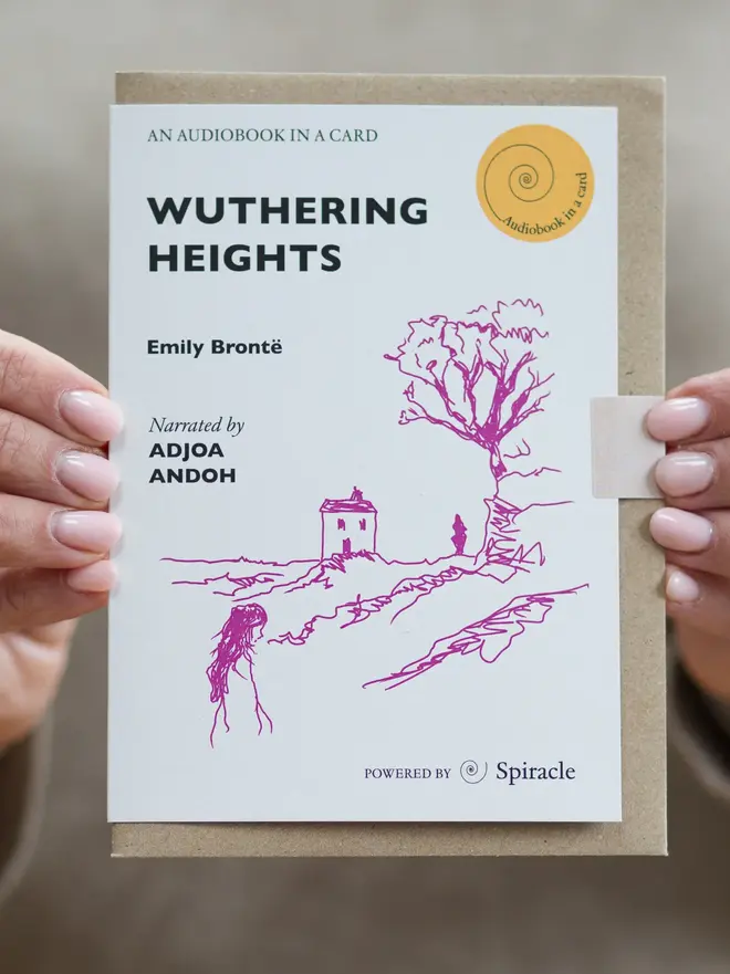 Wuthering Heights By Emily Brontë Audiobook In A Card, being held. 